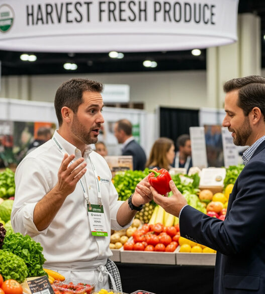 photo of two men talking while holding vegetables